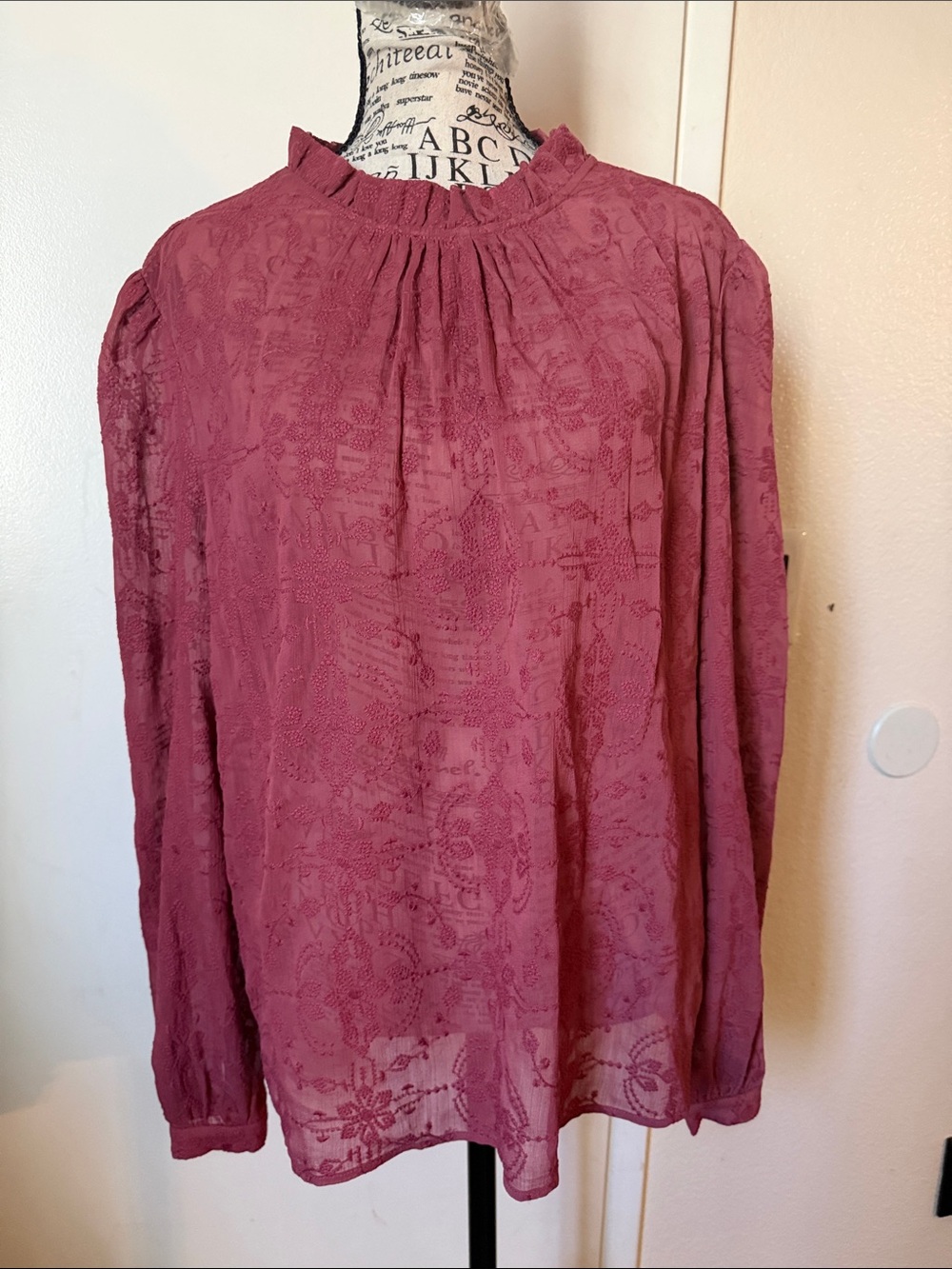 Sezane Dusty Rose Lace-Detail Long Sleeve Blouse